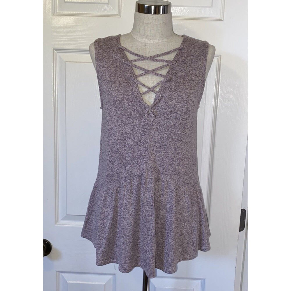 Express Purple Heathered V-Neck Lace-Up Knit Peplum Tank Top Size M